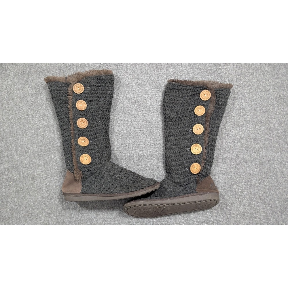 Muk Luks Boots Womens 9 Gray Boho Suede  Brown Faux Fur Crotchet Sweater Boots